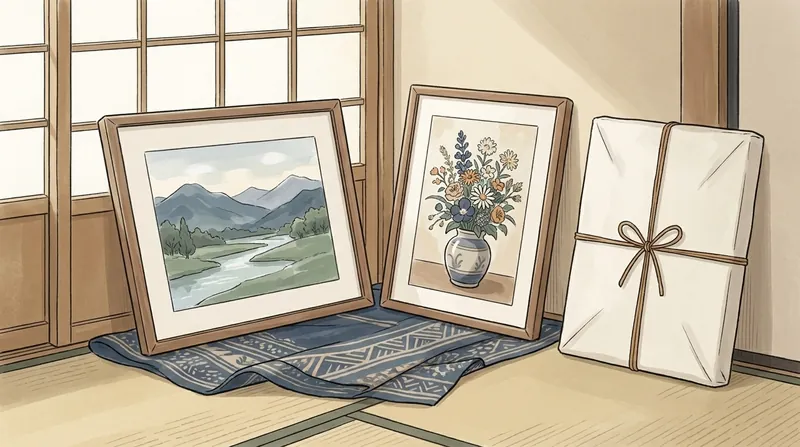 布の上に、山と川の風景画と花の絵が額に入って立てかけてあり、紙で包んだ額が並ぶ挿絵