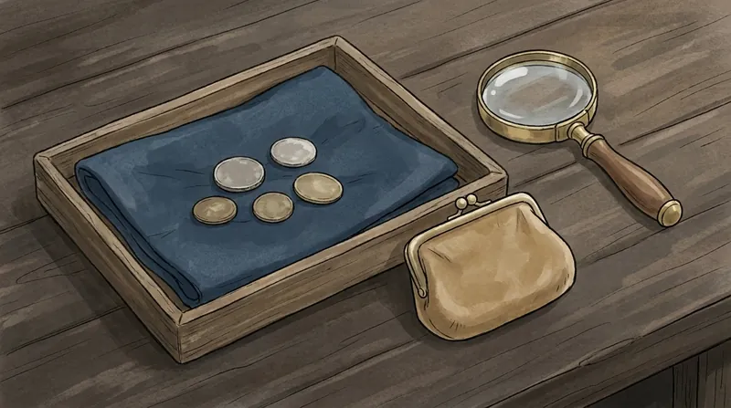 藍色の布を敷いた木の盆に古い硬貨が並び、がま口と虫めがねが置かれた挿絵