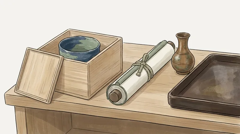 木箱に入った茶碗と、ひもで結んだ掛け軸、小さな花入れと盆が棚に並ぶ挿絵