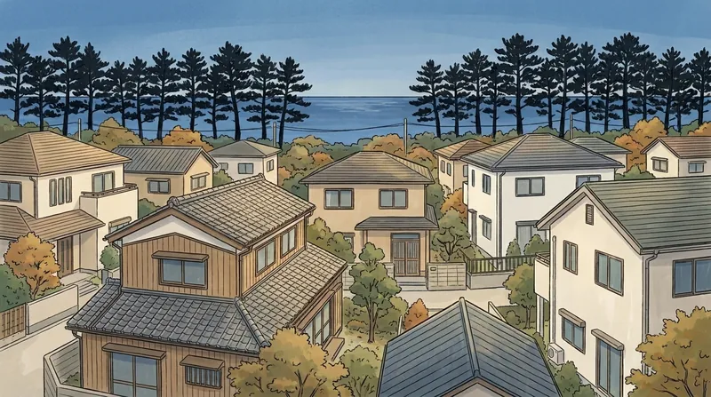 千葉県の住宅地のイメージの挿絵。黒松の防風林の向こうに海が見える、低い家並みを描いたもの