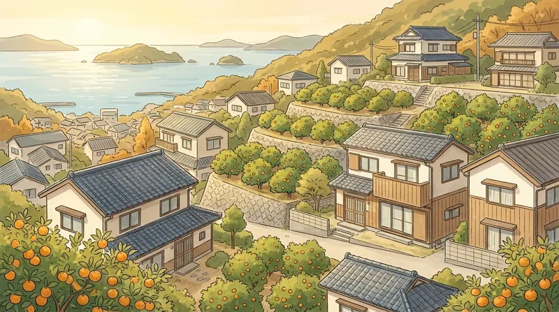 愛媛県の住宅地のイメージの挿絵。みかんの実る段々畑の斜面の家並みと、小島が浮かぶ穏やかな海を描いたもの
