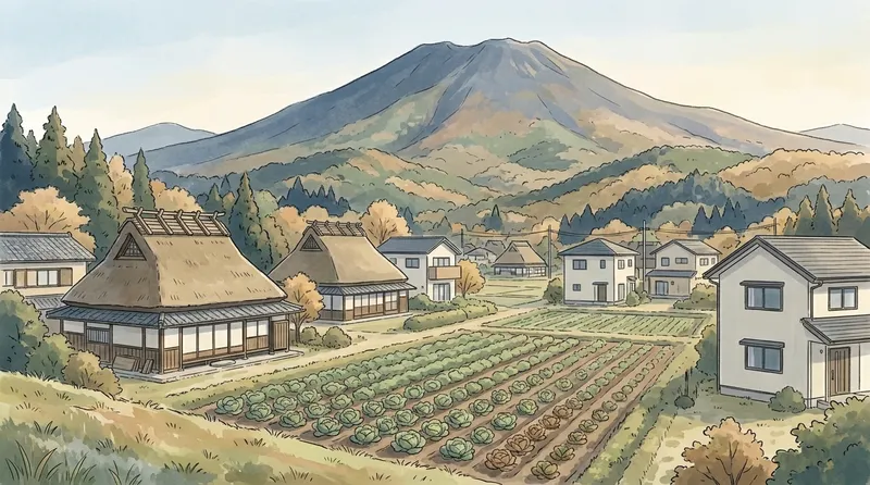 前橋市のページの挿絵。群馬県の住宅地のイメージで、屋根の高い古い農家と新しい家、キャベツ畑と、すそ野の広い山を描いたもの