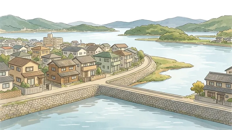広島県の住宅地のイメージの挿絵。石の護岸が続く広い川沿いの家並みと、対岸の緑の島や山を描いたもの