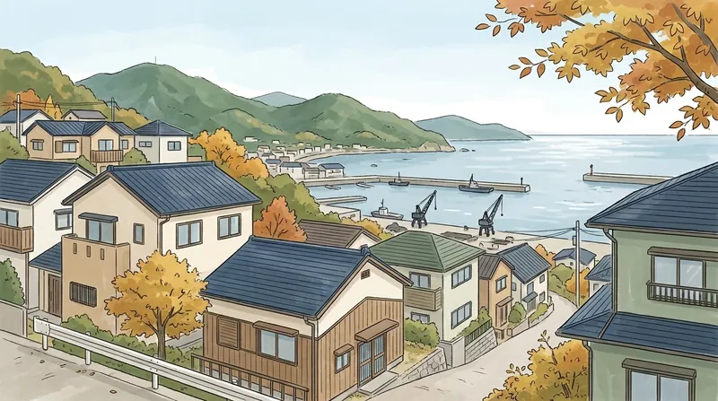 兵庫県の住宅地のイメージの挿絵。港を見下ろす坂の家並みと、海と緑の山を描いたもの
