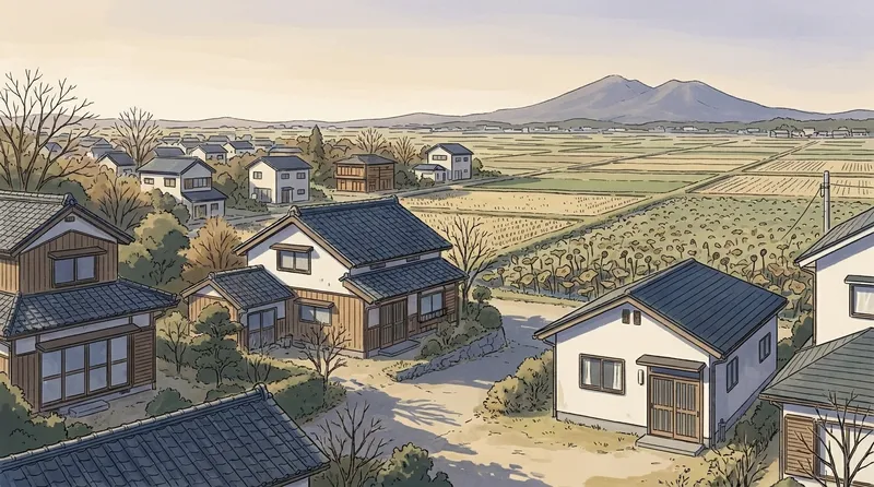水戸市のページの挿絵。茨城県の住宅地のイメージで、刈り取りの済んだ田んぼとはす畑の平野の家並みと、遠くの二つの峰がある山を描いたもの