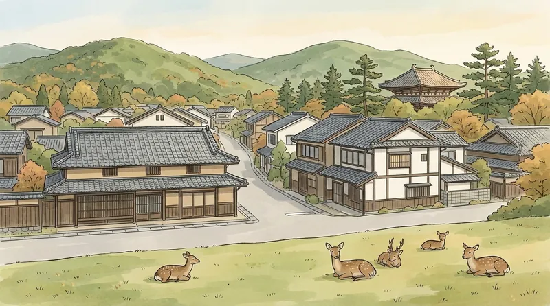 橿原市のページの挿絵。奈良県の住宅地のイメージで、重い瓦屋根の家並みと、芝生でくつろぐ鹿、松の間の古い寺の屋根となだらかな山を描いたもの