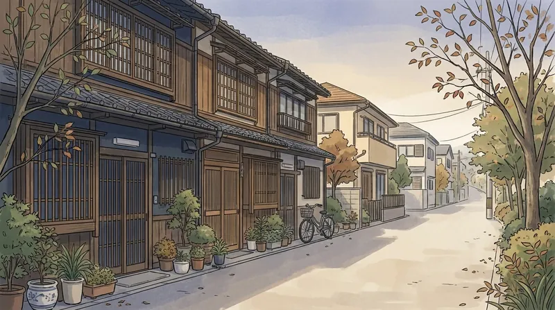 大阪府の住宅地のイメージの挿絵。格子窓の古い二階建ての長屋と、戸口に並ぶ鉢植えと自転車を描いたもの