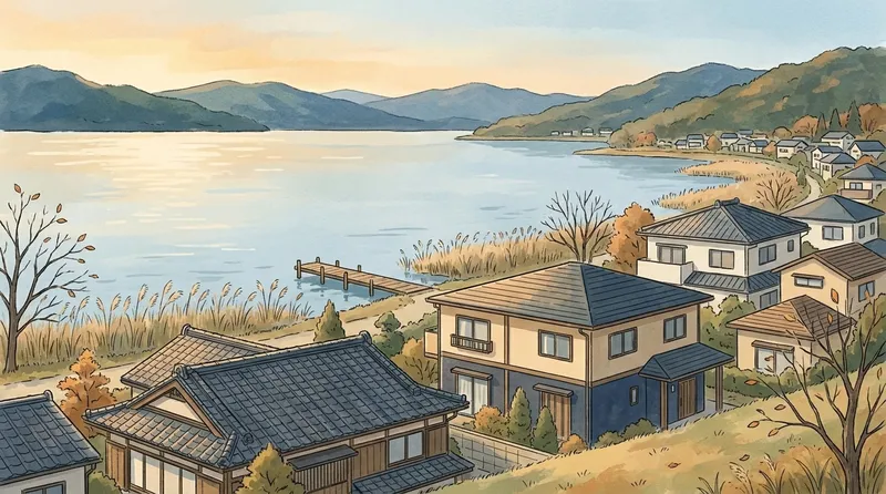 大津市のページの挿絵。滋賀県の住宅地のイメージで、葦の茂る岸辺と小さな桟橋、広く静かな湖に面した家並みと対岸の山を描いたもの