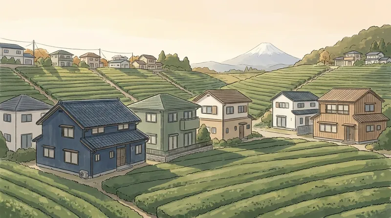 静岡県の住宅地のイメージの挿絵。茶畑の広がる丘の家並みと、遠くの雪をかぶった山を描いたもの