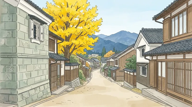 小山市のページの挿絵。栃木県の住宅地のイメージで、灰緑色の石を積んだ蔵が並ぶ通りと、黄色く色づいたいちょう、遠くの青い山を描いたもの