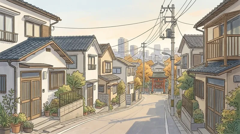 東京都の住宅地のイメージの挿絵。鉢植えの並ぶ二階建ての家の路地と電柱、奥の小さな神社の鳥居と遠くの高い建物を描いたもの