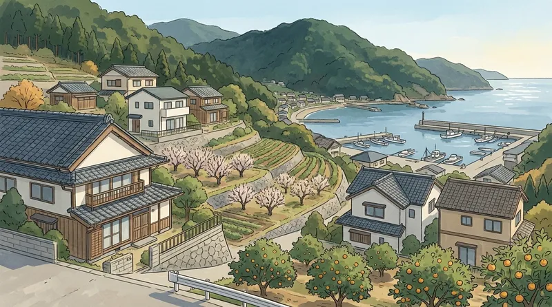 田辺市のページの挿絵。和歌山県の住宅地のイメージで、梅とみかんの木がある日当たりの良い斜面の家並みと、漁船の並ぶ港を描いたもの