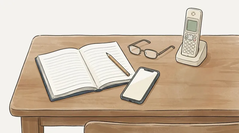 卓の上に開いた帳面と鉛筆、スマートフォン、老眼鏡、家の電話の子機が置かれた挿絵